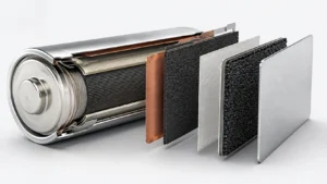 Lithium-Ionen-Akku Aufbau mit Anode, Kathode, Separator und Elektrolyt