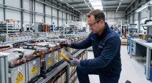 Batterien testen bei der Qualitätsprüfung eines industriellen Batteriesystems